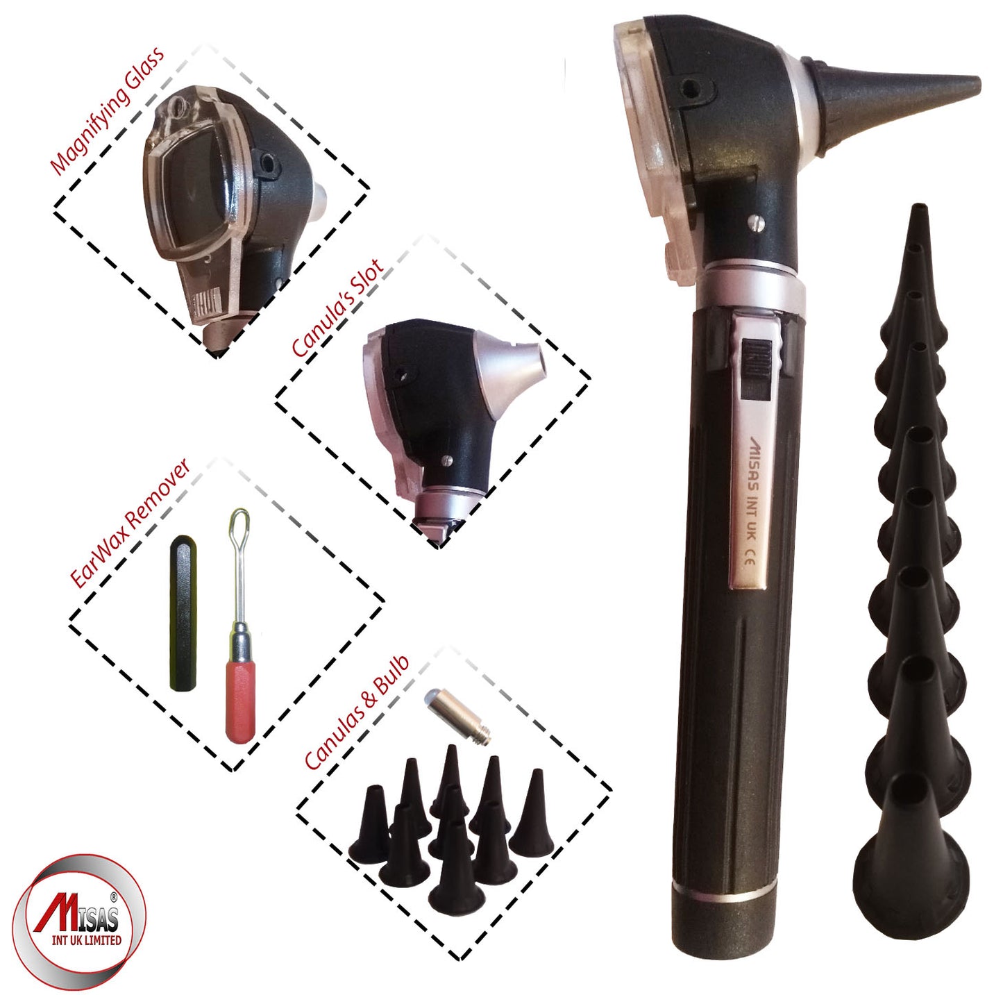 Black Mini Otoscope Pocket Fiber Optic Medical Diagnostic NHS CE Approved